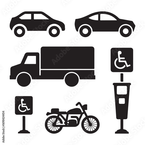 Silhouette vector collection of cars, trucks, motorcycles, parking meter, disabled signs, and transportation icons
