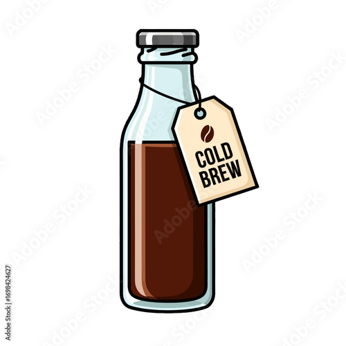 Glass bottle of cold brew coffee with a tag.