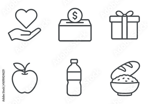 Charity icons: heart, donation box, gift, apple, water bottle, bread with rice