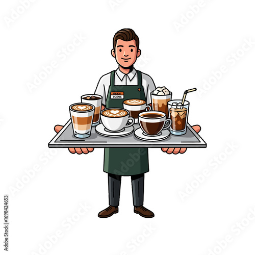 A barista holding a tray with various coffee drinks.