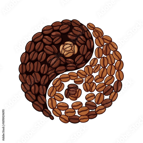 A creative Yin and Yang symbol formed by contrasting dark and light roasted coffee beans, illustrating balance and harmony in coffee culture.