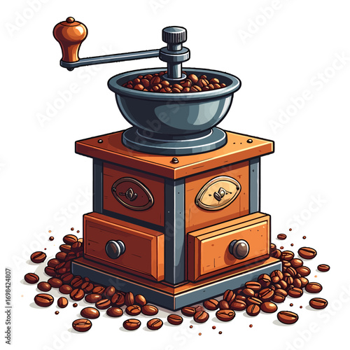 A charming illustration of a vintage manual coffee grinder with whole roasted coffee beans scattered around its base.
