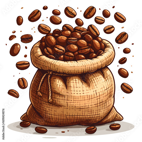 Coffee beans spilling out of a burlap sack.