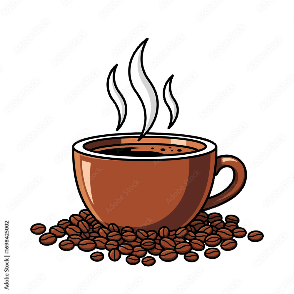 Obraz premium Illustration of a steaming cup of coffee on a pile of coffee beans.