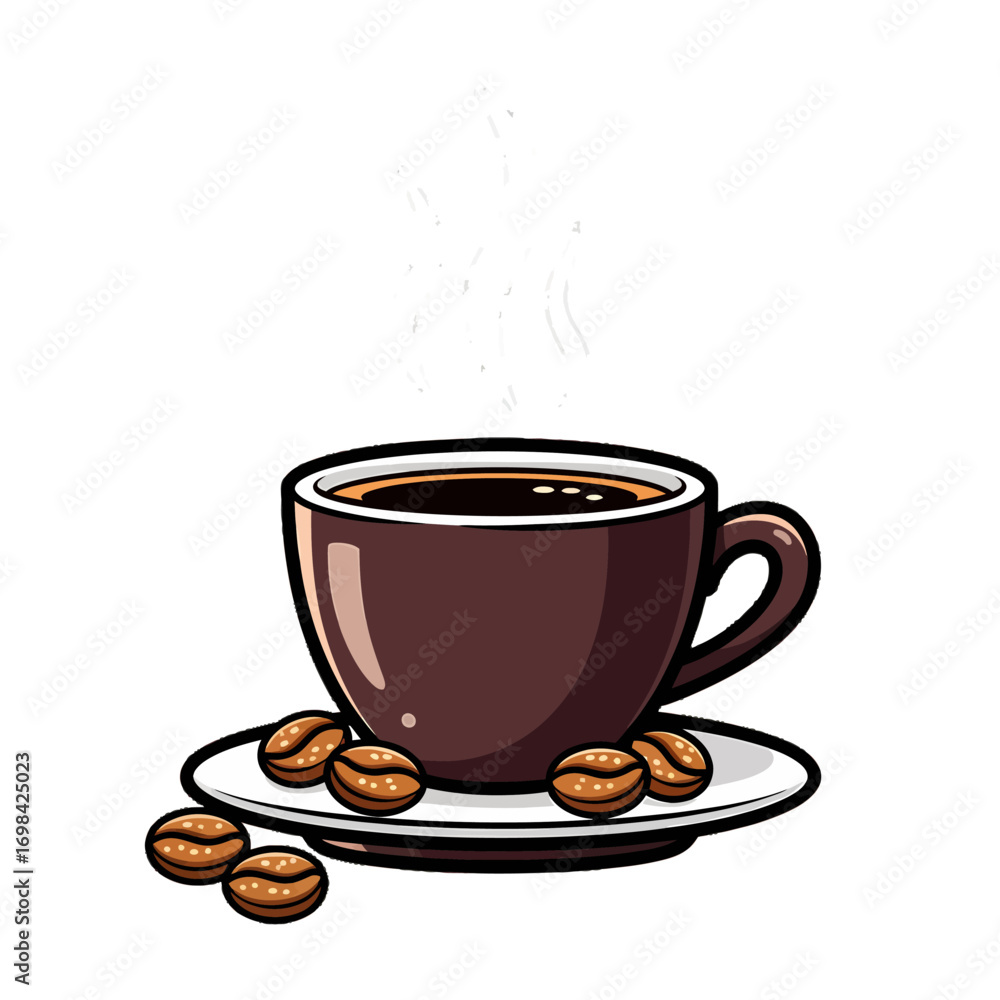 Obraz premium A cartoon illustration of a steaming brown cup of black coffee on a saucer with coffee beans scattered around.
