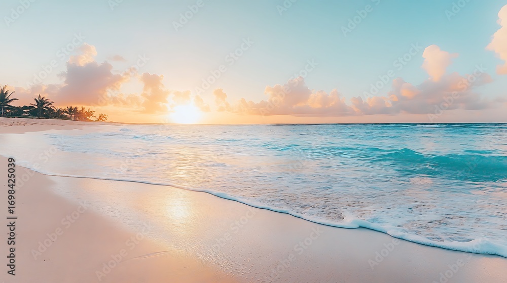 Obraz premium A breathtaking sunrise paints the sky with vibrant hues as gentle waves caress the pristine sandy beach in a tropical paradise