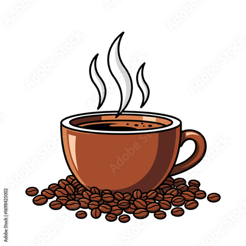 Illustration of a steaming cup of coffee on a pile of coffee beans.