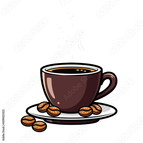 A cartoon illustration of a steaming brown cup of black coffee on a saucer with coffee beans scattered around.