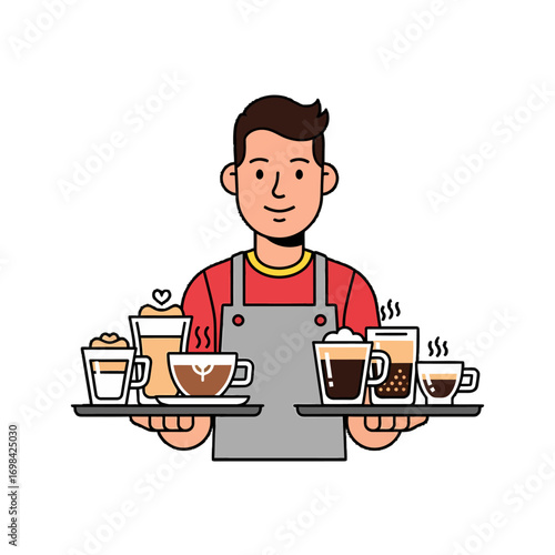 A barista holding two trays with various coffee drinks, ready to serve customers in a cafe.