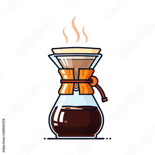 A graphic illustration of a pour-over coffee maker, showing the brewing process with steam rising from the filter.