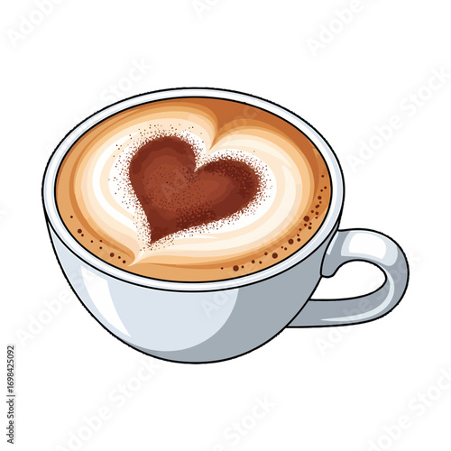 A white ceramic cup filled with a frothy cappuccino, artfully decorated with a heart shape made of cinnamon powder.