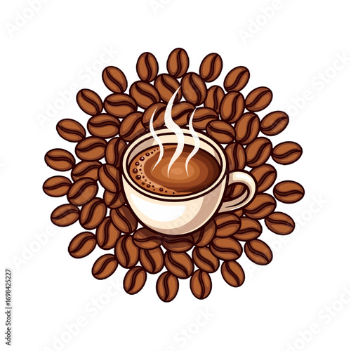 A cup of coffee surrounded by coffee beans, with steam rising from the drink.