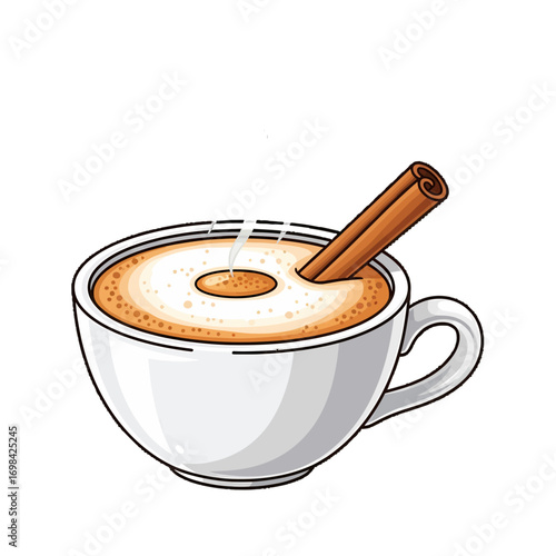 A steaming cup of coffee or tea with a cinnamon stick and frothy milk, perfect for a cozy morning.