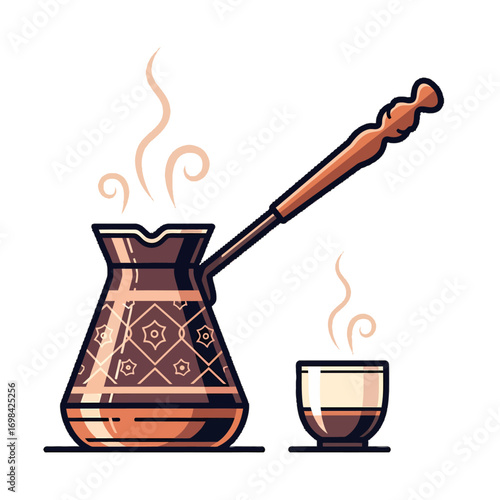 Steaming Turkish coffee pot (cezve) next to a small cup, illustrating traditional coffee preparation.