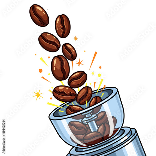 Coffee beans falling into a transparent electric grinder with sparkling effects, illustrating the fresh preparation of coffee.