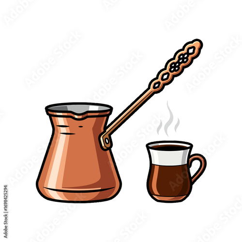 Copper Turkish coffee pot and cup, with steam rising from the cup.