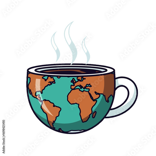 A steaming cup of coffee shaped like the Earth.