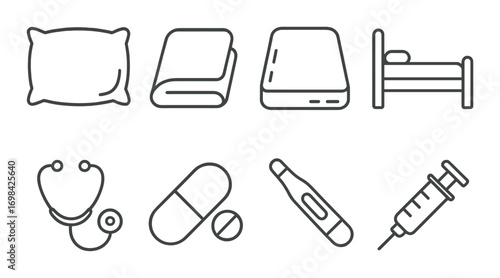 Essential medical and bedding icons: pillow, blanket, bed, stethoscope, pills, thermometer, syringe