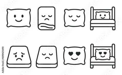 Set of eight emotional pillow and mattress icons on dark background