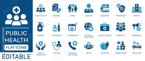 Public Health Icon Set. featuring healthcare, doctor, hospital, vaccination, hygiene, first aid, telemedicine, health education and more. Perfect for health-related projects. 