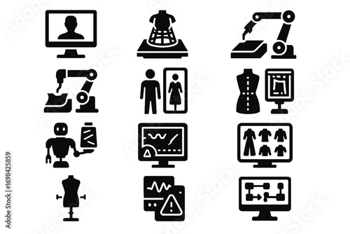Inventory mannequin icon tailoring fabric adjustable fitting futuristic vector ai lab holographic
