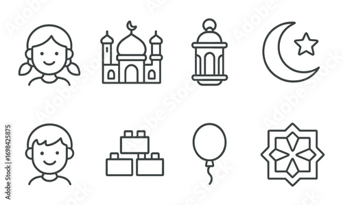 Monochrome icons: children, mosque, lantern, crescent moon, geometric pattern