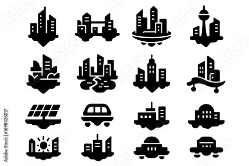 Vector canals transport icons cloudwalks hub pads city skyscrapers icon water levitating