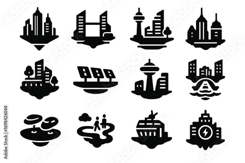 Sky hub energy vector floating icons water towers observation icon city control