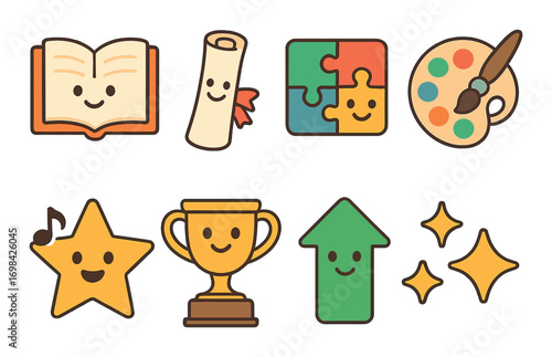 Cute education and creativity icons set with smiling faces