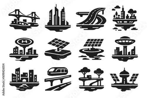 Icons hub observation vector towers pads metropolis cloudwalks water roads icon pods