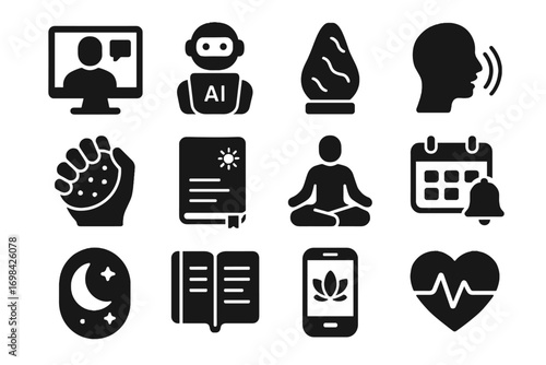 Notebook meditation therapy stress icon calendar heart icons avatar reminder virtual assistant