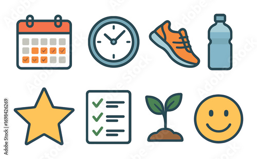 Health and fitness icons: calendar, clock, sneakers, water bottle, star, checklist, plant, smile