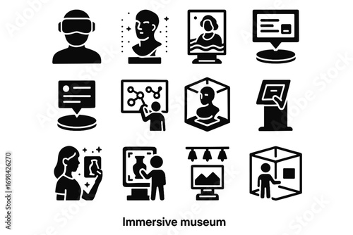 Vector pedestal gallery kiosk painting touchscreen immersive room visitor icons icon museum