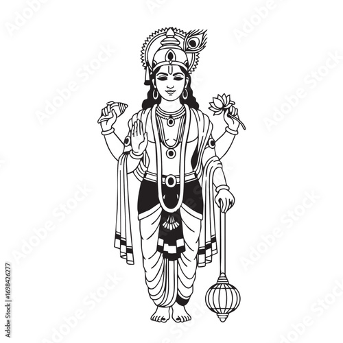 Vector Illustration of Lord Vishnu in Traditional Indian Style with Multiple Arms and Religious Symbols in Black and White