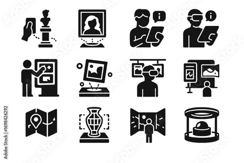 Sculpture display icon visitor augmented touchscreen room vector gallery virtual artwork icons