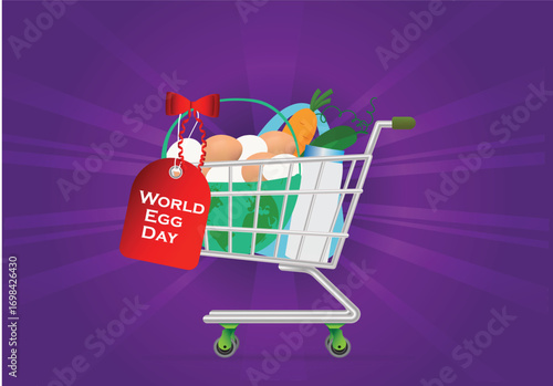 Celebrating world egg day concept Vector illustration flyer poster banner design. Egg Nutrition, Freshness, and Global Food Appreciation. Egg, tag, shopping, ribbon, bow, foods graphics elements.