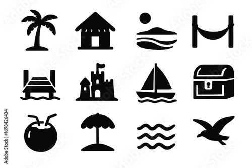 Beach fantasy icons icon palm tree coconut treasure hammock retreat vector hut