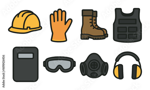 Essential ppe icons: safety gear including helmet, gloves, boots, goggles, and mask
