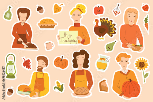 Set of Thanksgiving Day stickers: people preparing different dishes, as well as objects - turkey, pumpkin and others. Vector collection of Thanksgiving Day cartoons.