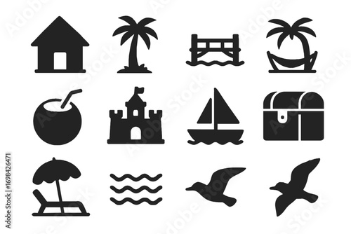Icon vector dock treasure waves beach icons island umbrella private coconut sun
