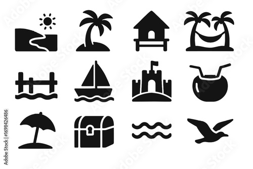 Sun tree hammock island palm icons dock chest vector icon treasure hut