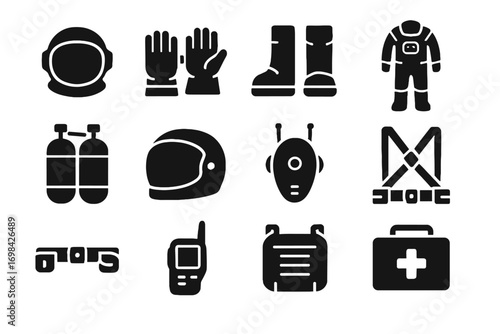 Emergency icons vector device tank sensors harness helmet icon space gloves suit