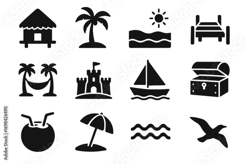 Set sailboat vacation waves sun icon palm tree treasure coconut vector hut