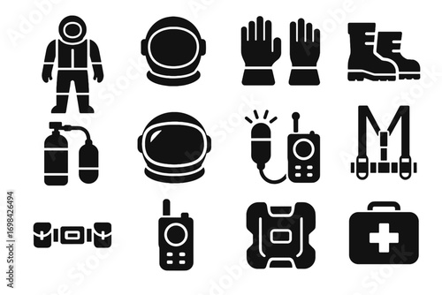 Sensors suit belt gloves visor icons vector icon oxygen exploration utility bio
