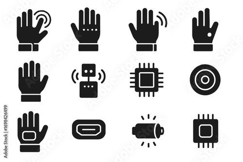 Button sensor wireless glove icon wrist tracker motor haptic vector microchip smart