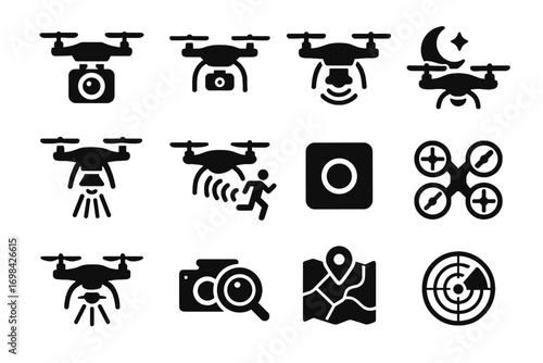 Icon sensor lens camera surveillance drone symbol zoom radar icons motion vector