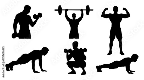 A series of silhouettes of men doing various exercises. Scene is energetic and active. Vector. Silhouette illustration.