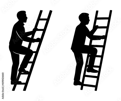 Two silhouettes of people climbing ladders. One is a man climbing a ladder with his hands on the rungs. Vector. Silhouette illustration.