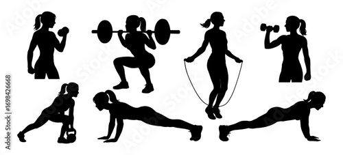 A series of silhouettes of women doing various exercises. Scene is energetic and active. Vector. Silhouette illustration.