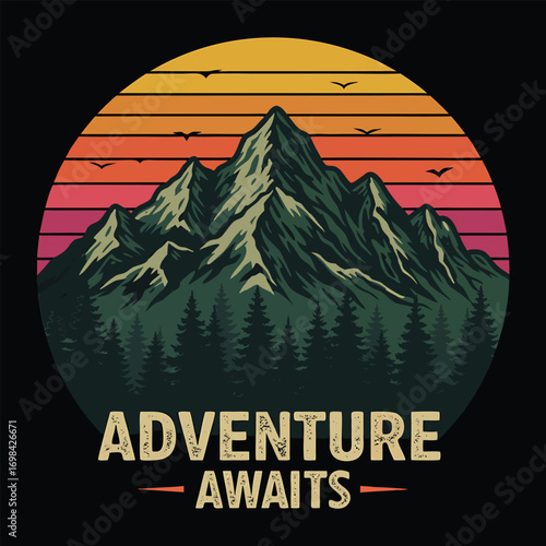Retro style adventure awaits design featuring majestic mountains and scenic sunset background